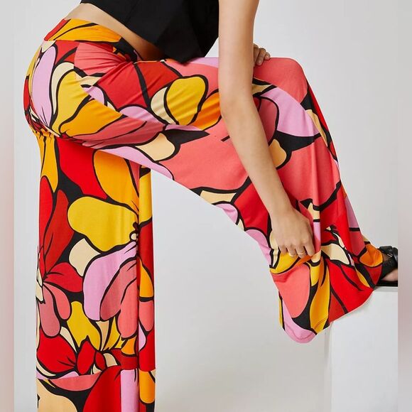 Farm Rio Anthropologie Wide Leg Pants Size Small Floral High Waist Knit Resort - Picture 1 of 12